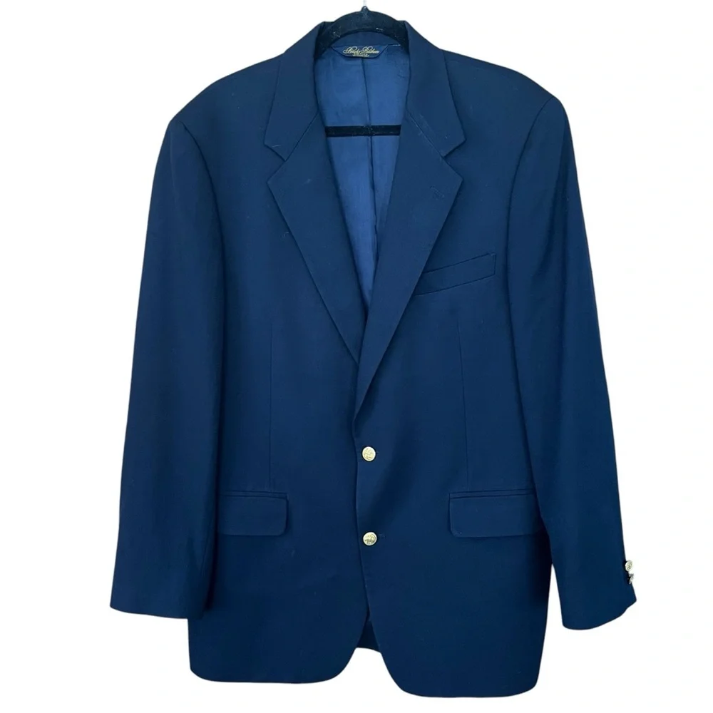 Brooks Brothers Brooksease Mens Size 42L Navy Blue Gold Buttons 100% Wool Blazer